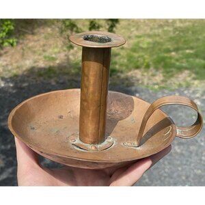 Antique Hand Wrought Copper Chamber Candlestick w/ Finger Handle Chamberstick